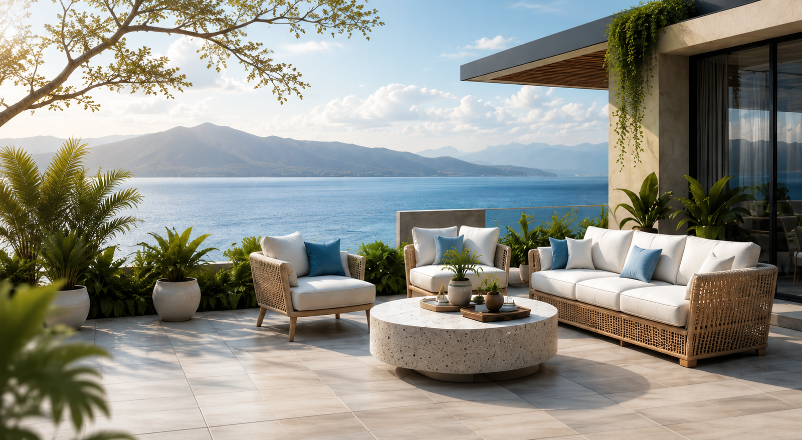 Luxury outdoor lounge furniture overlooking the water