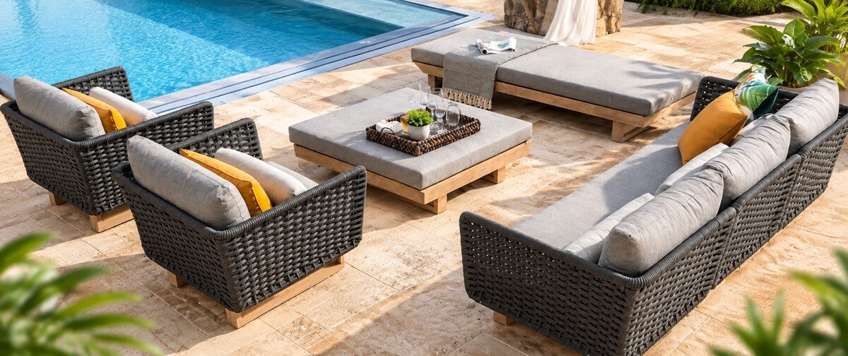 Woven outdoor sofas on a terrace overlooking the sea